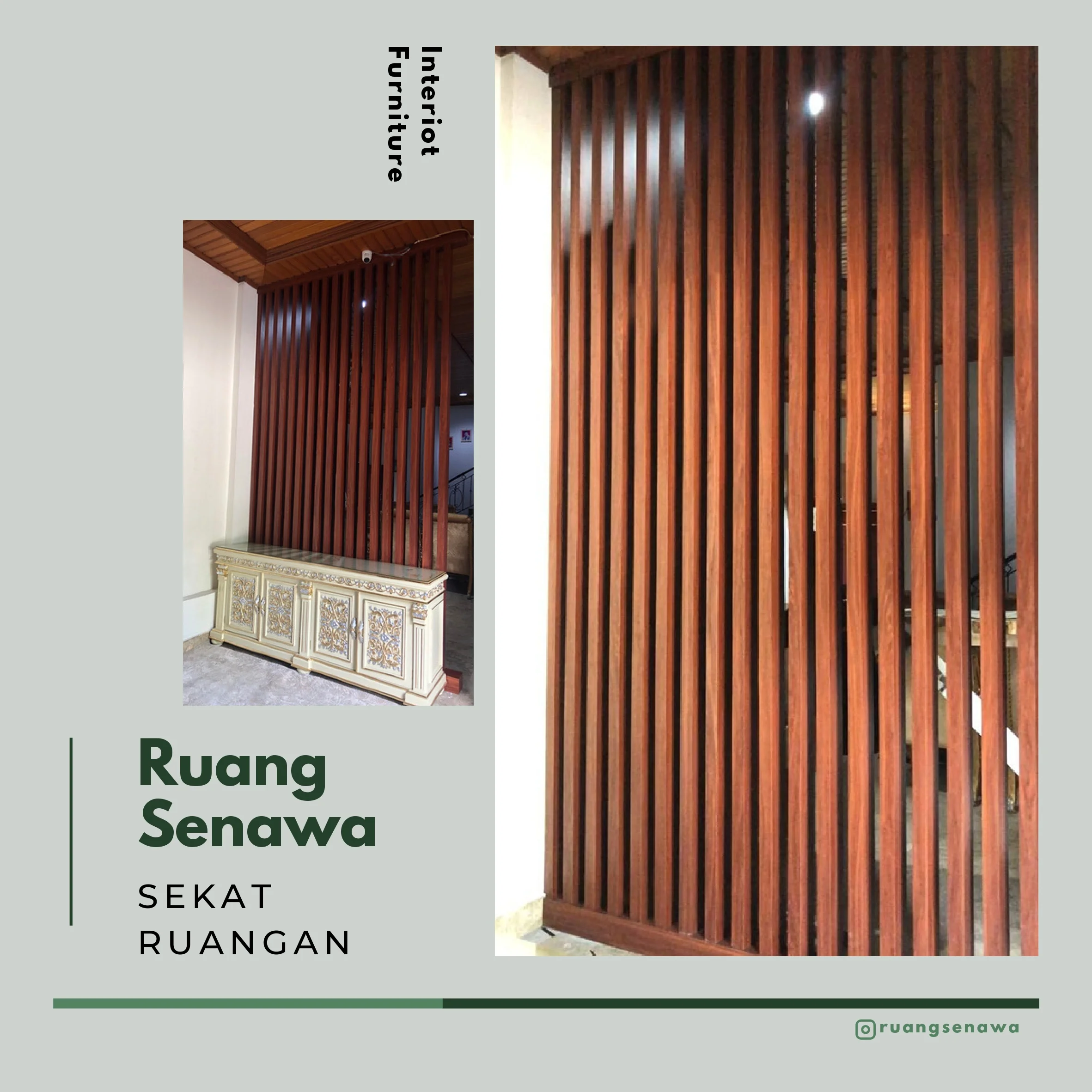 Ceiling-High Wood Lath Partition — Partisi kisi kayu tinggi hingga plafon di atas bufet penyimpanan Kota Palu Ruang Senawa